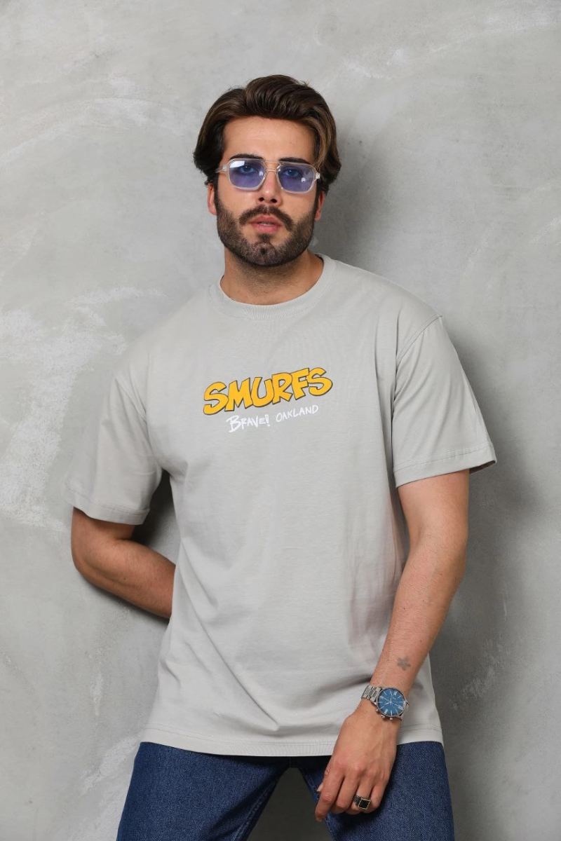 Erkek Kısa Kol Yazlık Tişört Bisiklet Yaka Baskılı Oversize T-Shirt - Gri