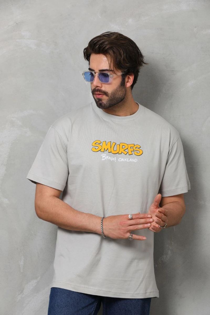 Erkek Kısa Kol Yazlık Tişört Bisiklet Yaka Baskılı Oversize T-Shirt - Gri