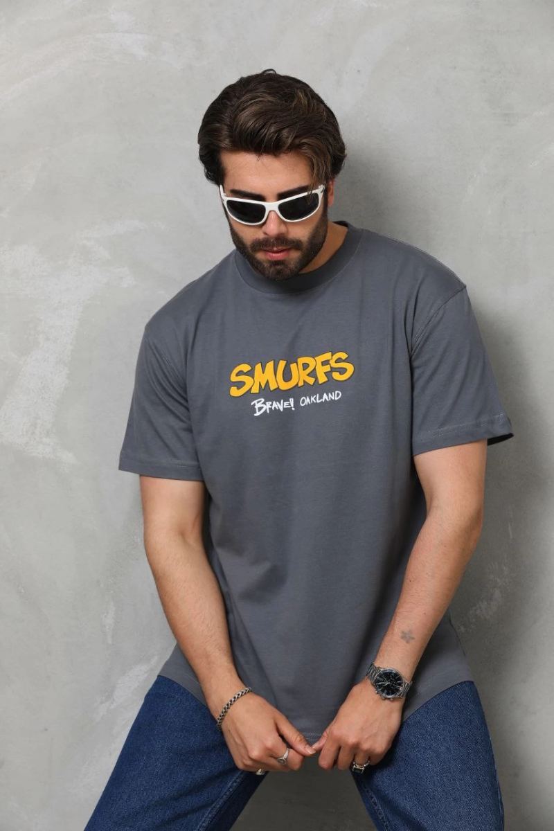 Erkek Kısa Kol Yazlık Tişört Bisiklet Yaka Baskılı Oversize T-Shirt - Füme