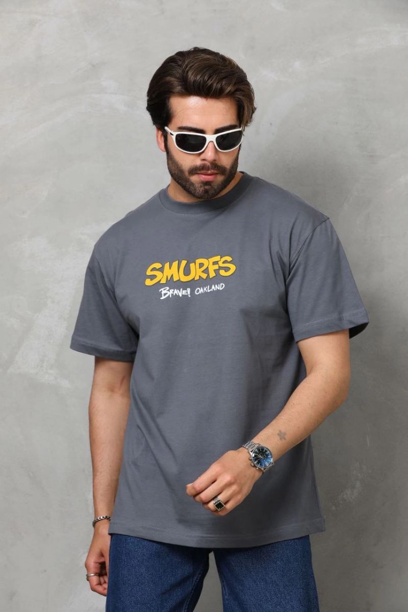 Erkek Kısa Kol Yazlık Tişört Bisiklet Yaka Baskılı Oversize T-Shirt - Füme