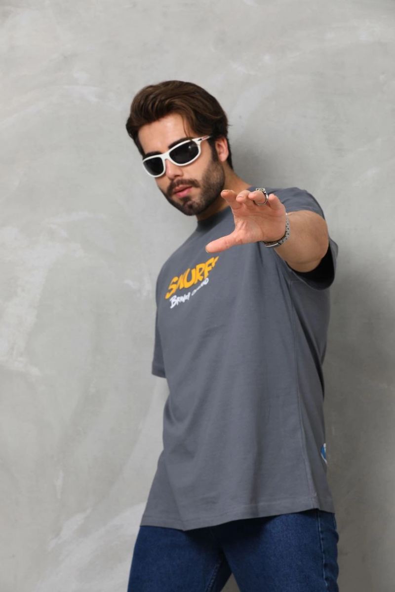 Erkek Kısa Kol Yazlık Tişört Bisiklet Yaka Baskılı Oversize T-Shirt - Füme