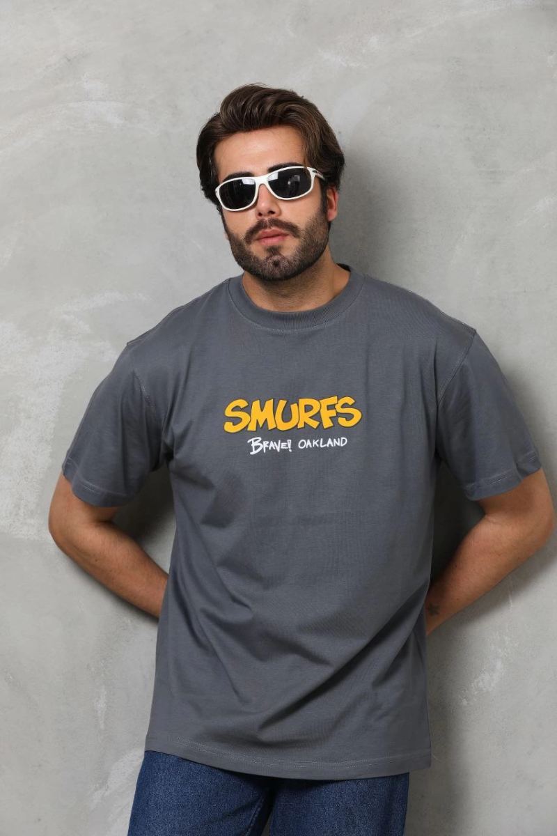 Erkek Kısa Kol Yazlık Tişört Bisiklet Yaka Baskılı Oversize T-Shirt - Füme