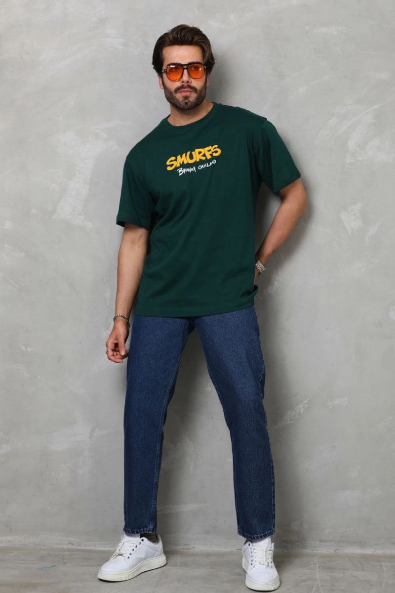 Erkek Kısa Kol Yazlık Tişört Bisiklet Yaka Baskılı Oversize T-Shirt - Yeşil