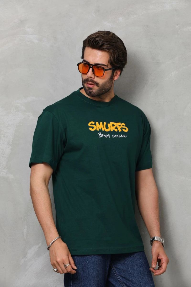 Erkek Kısa Kol Yazlık Tişört Bisiklet Yaka Baskılı Oversize T-Shirt - Yeşil
