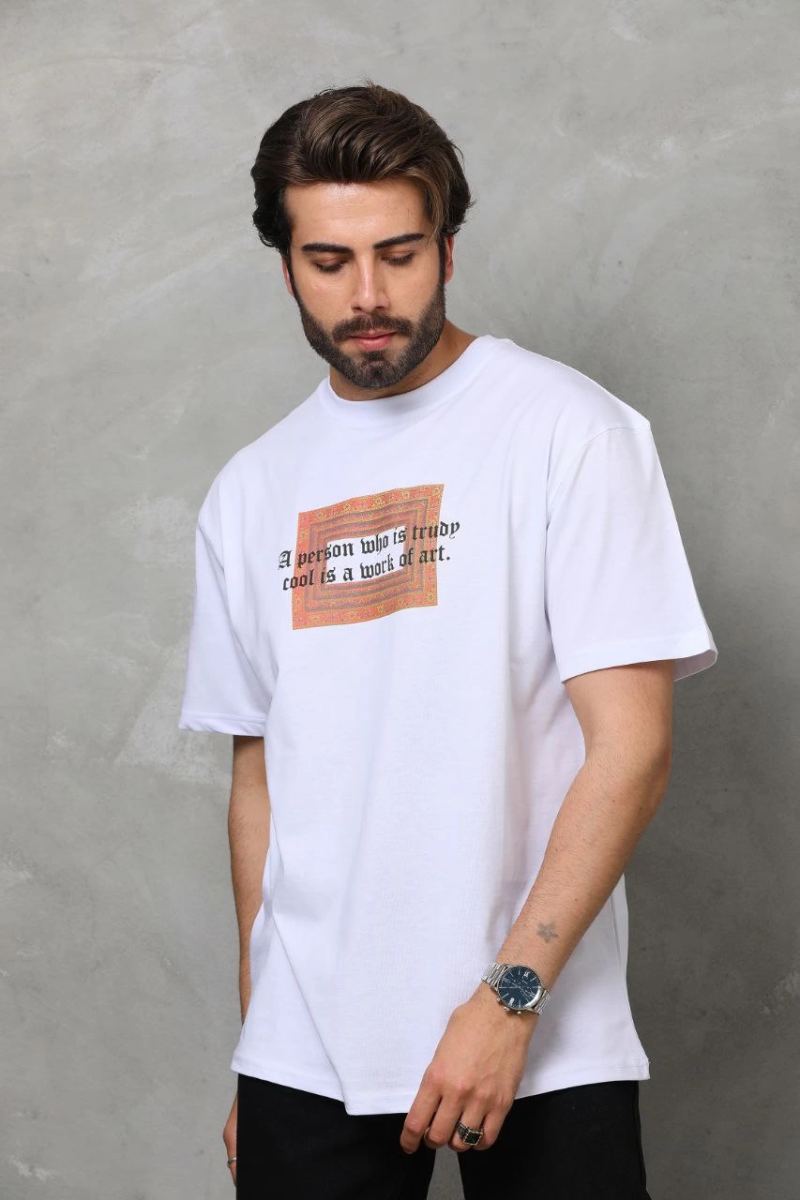 Erkek Baskılı T-Shirt Kısa Kol Bisiklet Yaka Regular Fit Rahat Kalıp Tişört -  Beyaz