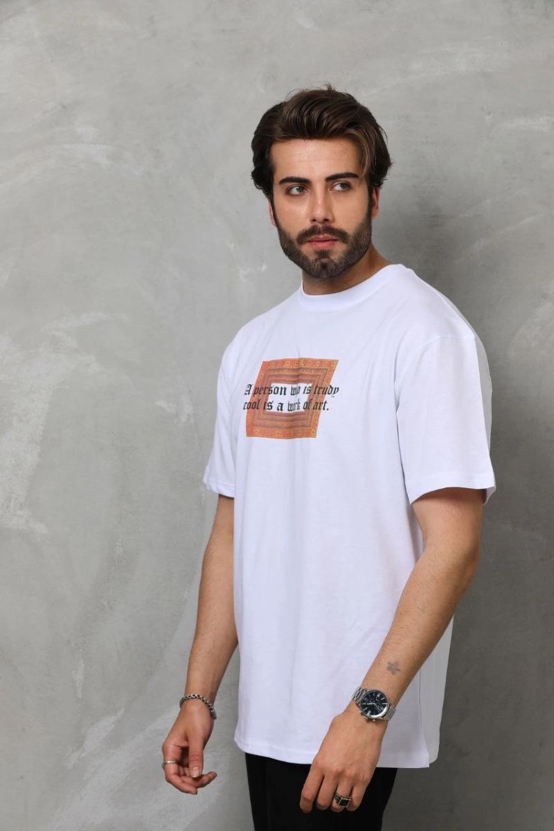 Erkek Baskılı T-Shirt Kısa Kol Bisiklet Yaka Regular Fit Rahat Kalıp Tişört -  Beyaz