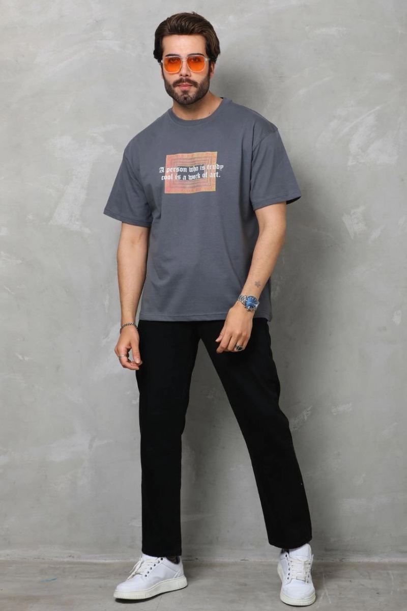 Erkek Baskılı T-Shirt Kısa Kol Bisiklet Yaka Regular Fit Rahat Kalıp Tişört -  Füme