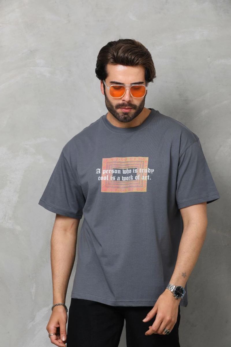 Erkek Baskılı T-Shirt Kısa Kol Bisiklet Yaka Regular Fit Rahat Kalıp Tişört -  Füme
