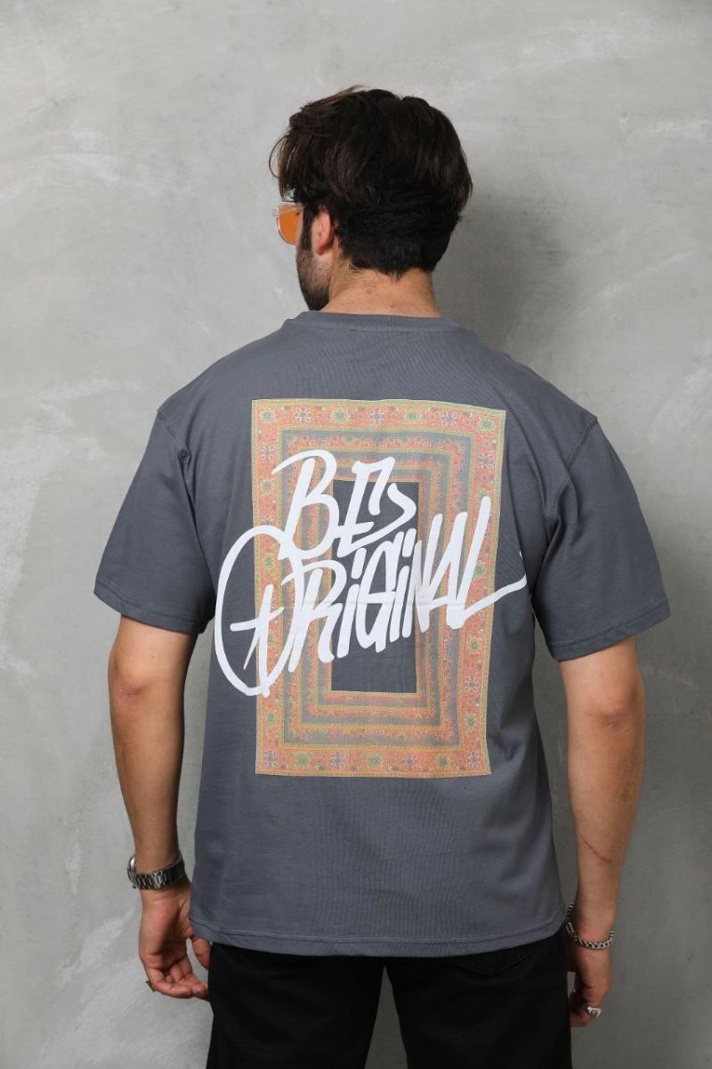 Erkek Baskılı T-Shirt Kısa Kol Bisiklet Yaka Regular Fit Rahat Kalıp Tişört -  Füme