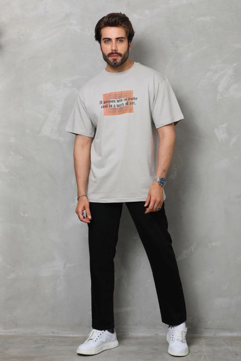 Erkek Baskılı T-Shirt Kısa Kol Bisiklet Yaka Regular Fit Rahat Kalıp Tişört -  Gri