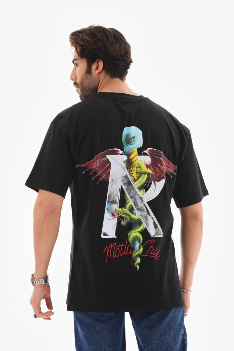 Erkek Baskılı T-Shirt Kısa Kol Bisiklet Yaka Regular Fit Rahat Kalıp Tişört -  Siyah