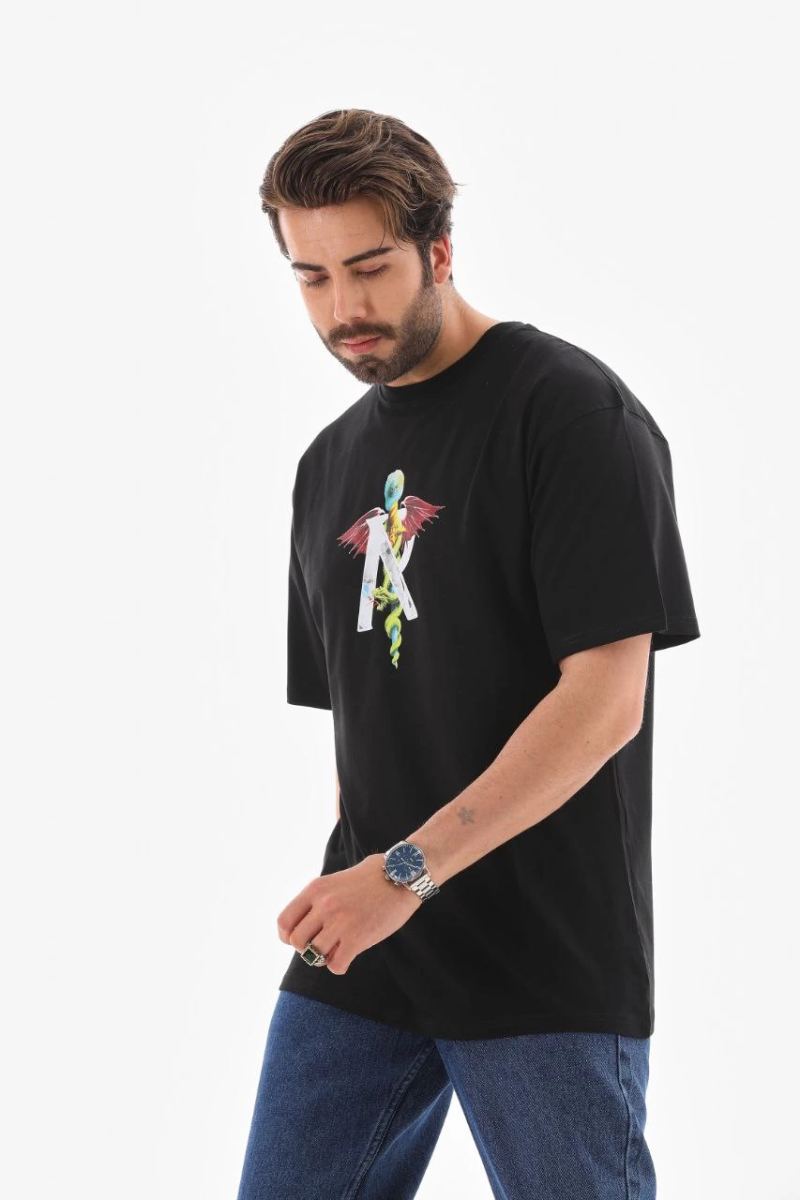 Erkek Baskılı T-Shirt Kısa Kol Bisiklet Yaka Regular Fit Rahat Kalıp Tişört -  Siyah