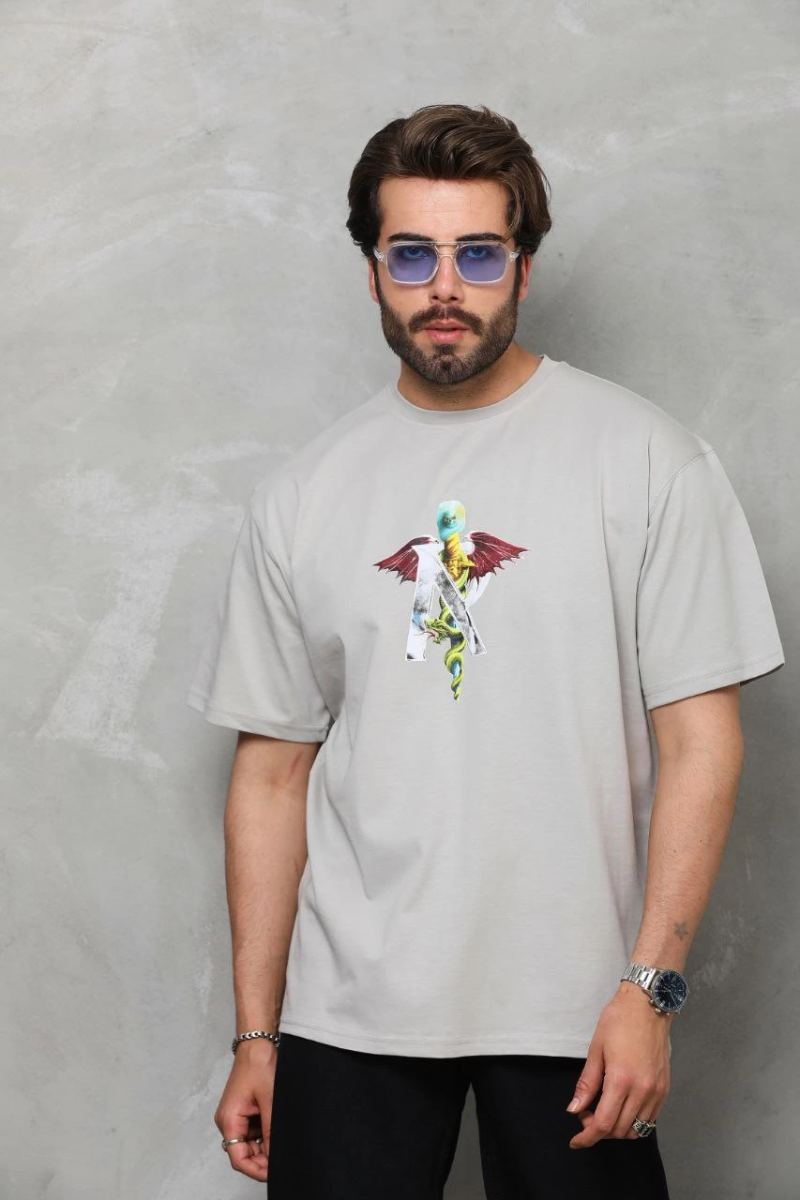 Erkek Baskılı T-Shirt Kısa Kol Bisiklet Yaka Regular Fit Rahat Kalıp Tişört -  Gri