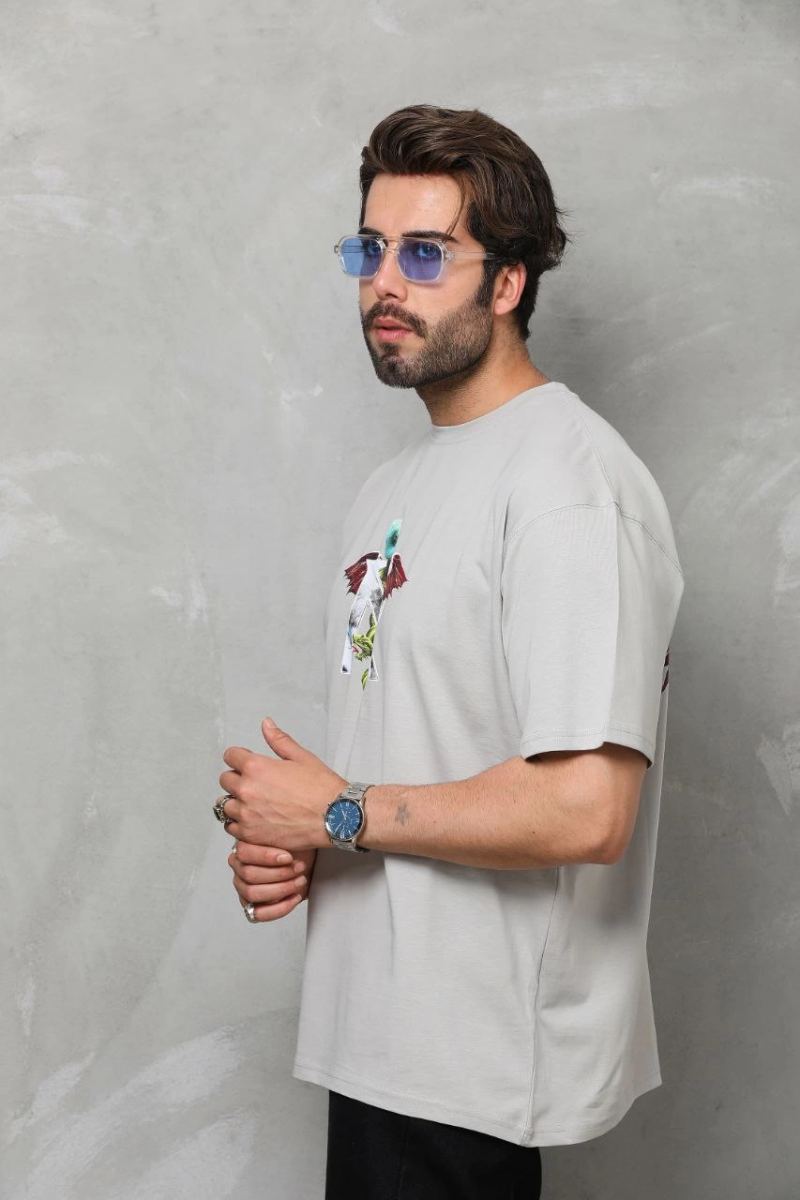 Erkek Baskılı T-Shirt Kısa Kol Bisiklet Yaka Regular Fit Rahat Kalıp Tişört -  Gri