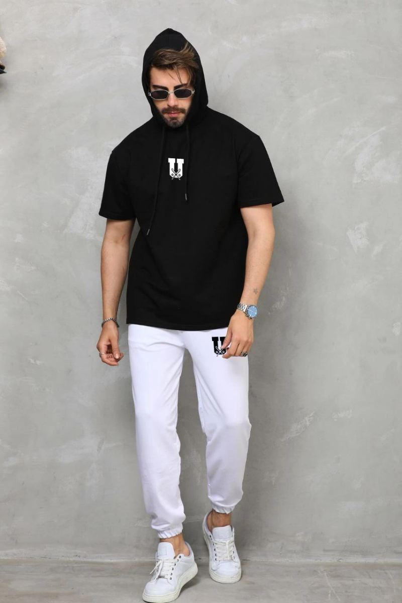Erkek Kapüşonlu Tişört Oversize T-Shirt Takım - Siyah