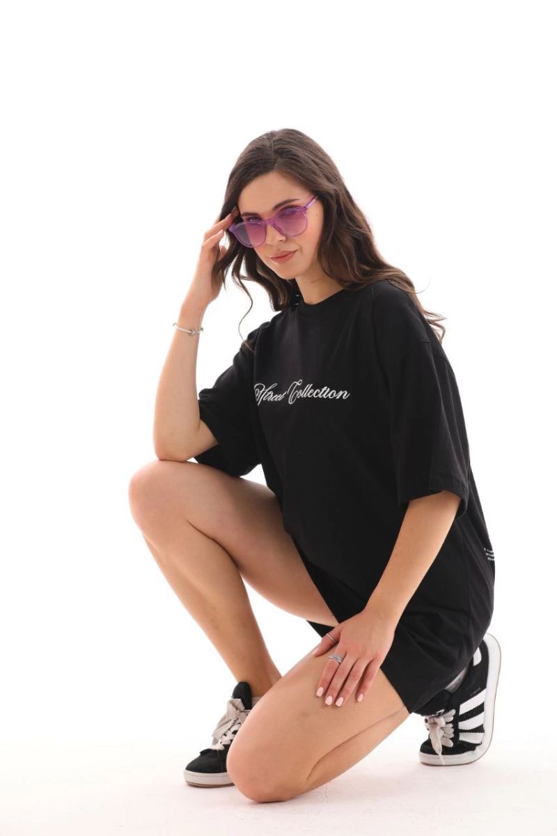 Kadın Baskılı T-Shirt Kısa Kol Bisiklet Yaka Oversize Rahat Kalıp Günlük Tişört - Siyah