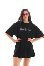 Kadın Baskılı T-Shirt Kısa Kol Bisiklet Yaka Oversize Rahat Kalıp Günlük Tişört - Siyah