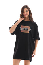 Kadın Baskılı T-Shirt Kısa Kol Bisiklet Yaka Oversize Rahat Kalıp Tişört - Siyah