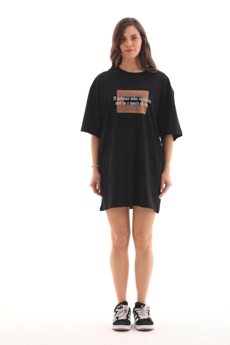 Kadın Baskılı T-Shirt Kısa Kol Bisiklet Yaka Oversize Rahat Kalıp Tişört - Siyah