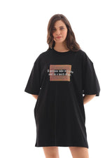 Kadın Baskılı T-Shirt Kısa Kol Bisiklet Yaka Oversize Rahat Kalıp Tişört - Siyah