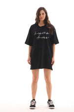 Kadın Kısa Kol Yazlık Tişört Bisiklet Yaka Baskılı Oversize T-Shirt - Siyah
