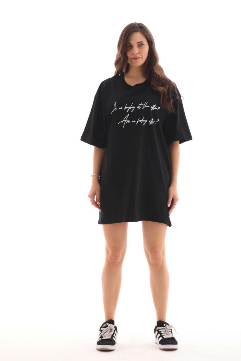 Kadın Kısa Kol Yazlık Tişört Bisiklet Yaka Baskılı Oversize T-Shirt - Siyah