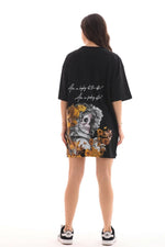 Kadın Kısa Kol Yazlık Tişört Bisiklet Yaka Baskılı Oversize T-Shirt - Siyah