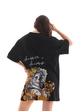 Kadın Kısa Kol Yazlık Tişört Bisiklet Yaka Baskılı Oversize T-Shirt - Siyah