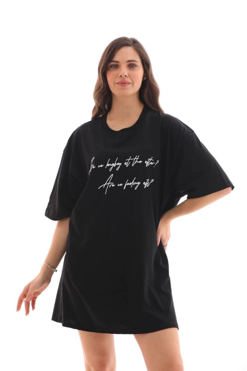 Kadın Kısa Kol Yazlık Tişört Bisiklet Yaka Baskılı Oversize T-Shirt - Siyah