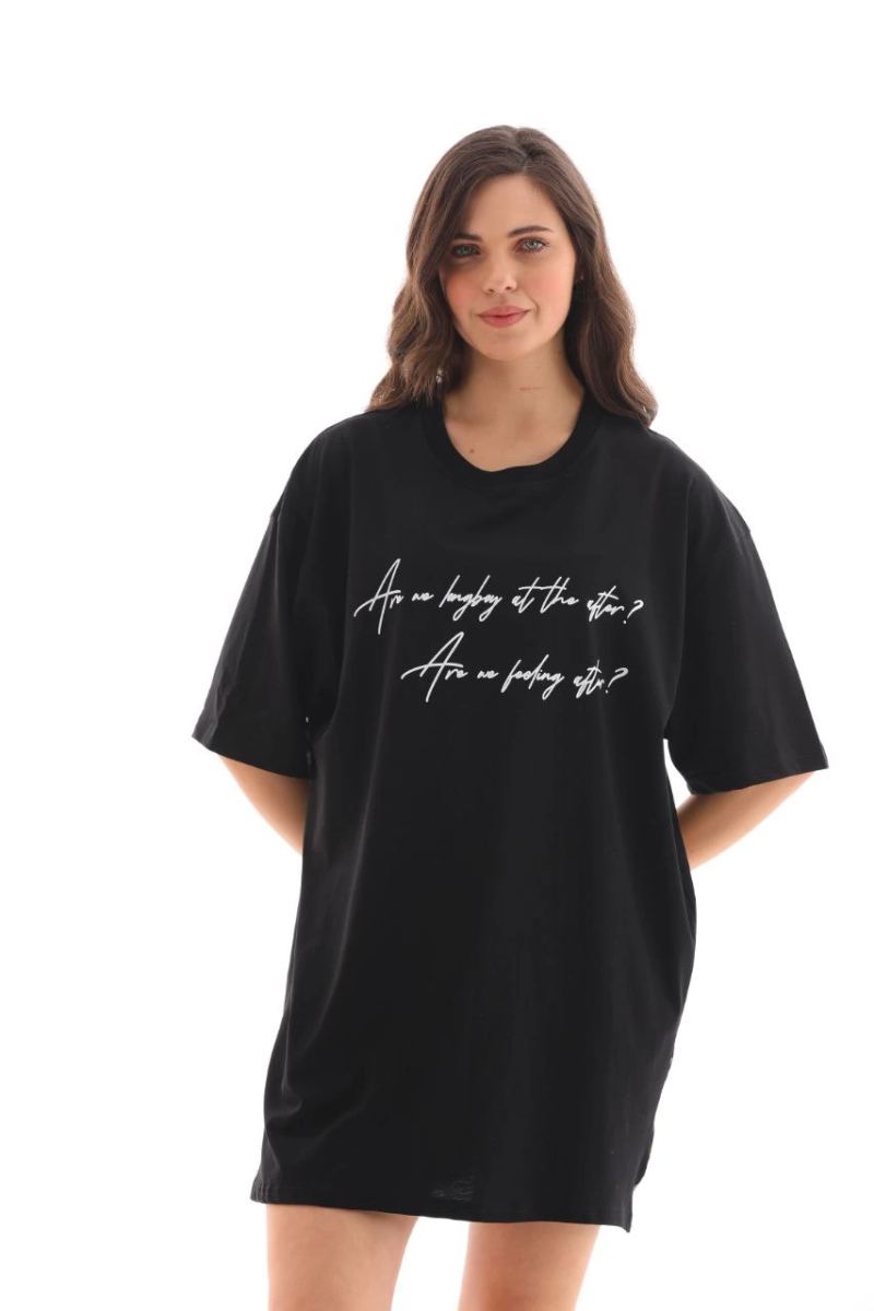 Kadın Kısa Kol Yazlık Tişört Bisiklet Yaka Baskılı Oversize T-Shirt - Siyah