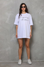 Kadın Kısa Kol Yazlık Tişört Bisiklet Yaka Baskılı Oversize T-Shirt - Beyaz