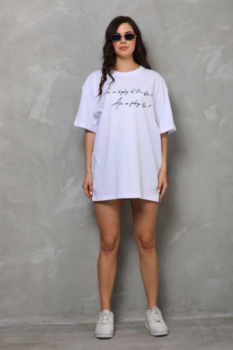 Kadın Kısa Kol Yazlık Tişört Bisiklet Yaka Baskılı Oversize T-Shirt - Beyaz