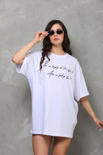 Kadın Kısa Kol Yazlık Tişört Bisiklet Yaka Baskılı Oversize T-Shirt - Beyaz