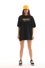 Kadın Kısa Kol Yazlık Tişört Bisiklet Yaka Baskılı Oversize T-Shirt - Siyah