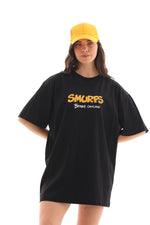 Kadın Kısa Kol Yazlık Tişört Bisiklet Yaka Baskılı Oversize T-Shirt - Siyah