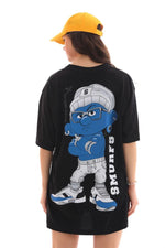 Kadın Kısa Kol Yazlık Tişört Bisiklet Yaka Baskılı Oversize T-Shirt - Siyah