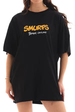 Kadın Kısa Kol Yazlık Tişört Bisiklet Yaka Baskılı Oversize T-Shirt - Siyah