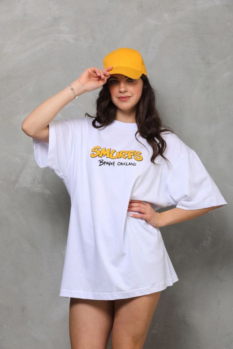 kadın Bisiklet Yaka Baskılı Oversize T-Shirt - Beyaz
