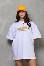 kadın Bisiklet Yaka Baskılı Oversize T-Shirt - Beyaz