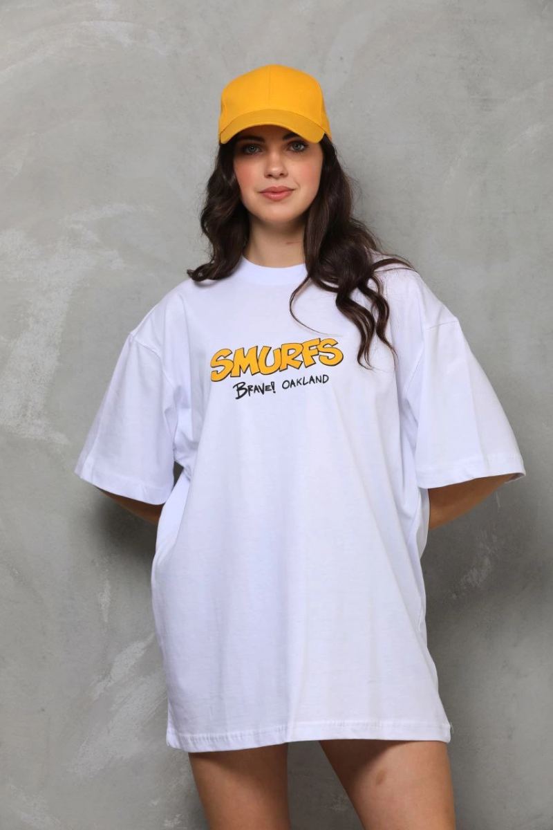 kadın Bisiklet Yaka Baskılı Oversize T-Shirt - Beyaz