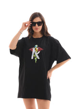Kadın Baskılı T-Shirt Kısa Kol Bisiklet Yaka Regular Fit Rahat Kalıp Günlük Tişört -Siyah