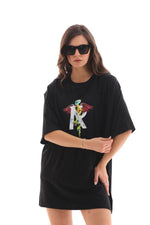 Kadın Baskılı T-Shirt Kısa Kol Bisiklet Yaka Regular Fit Rahat Kalıp Günlük Tişört -Siyah