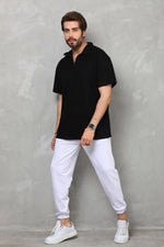 Erkek Yarım Fermuarlı Düz Oversize T-shirt - Siyah