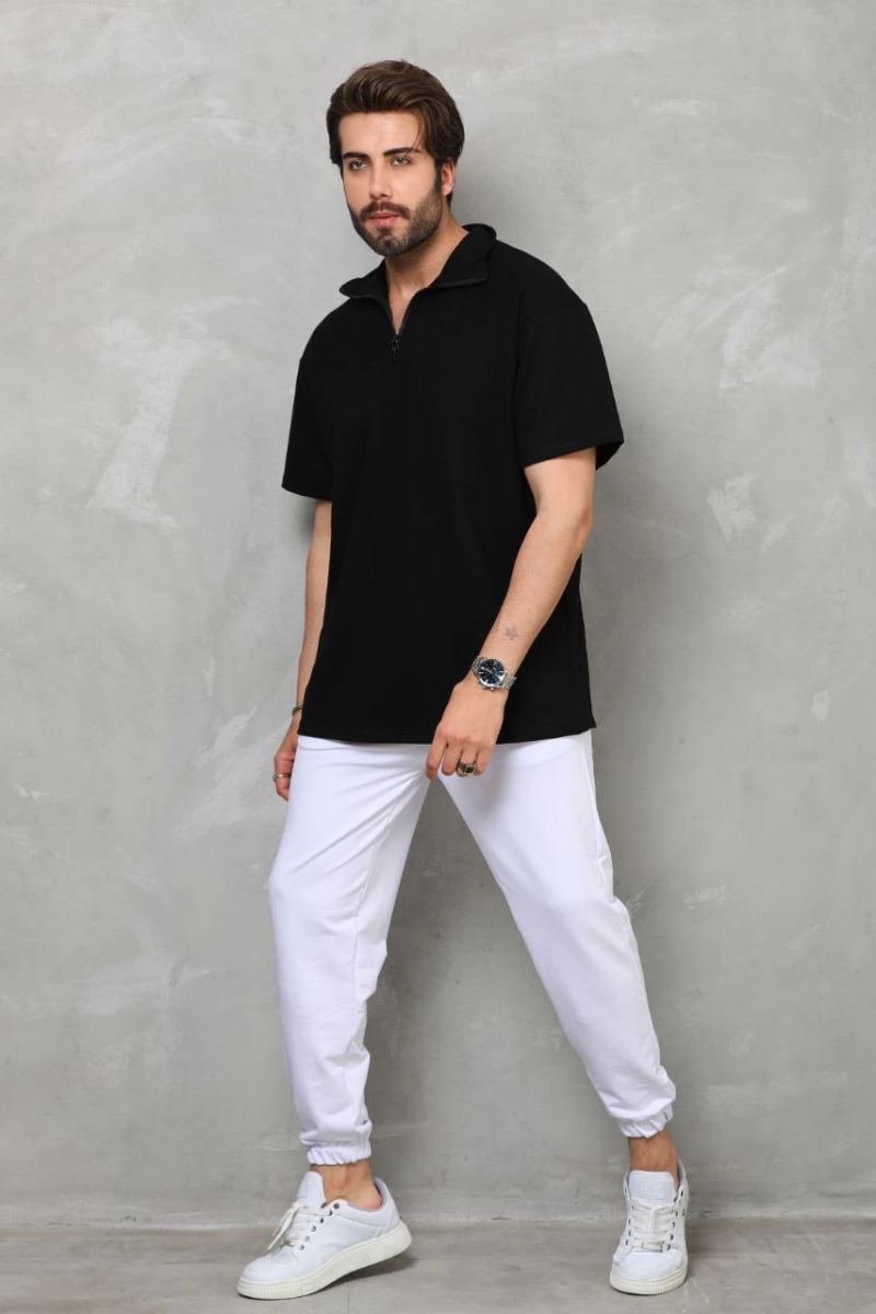 Erkek Yarım Fermuarlı Düz Oversize T-shirt - Siyah