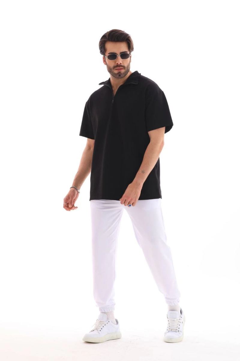 Erkek Yarım Fermuarlı Düz Oversize T-shirt - Siyah
