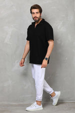 Erkek Yarım Fermuarlı Düz Oversize T-shirt - Siyah