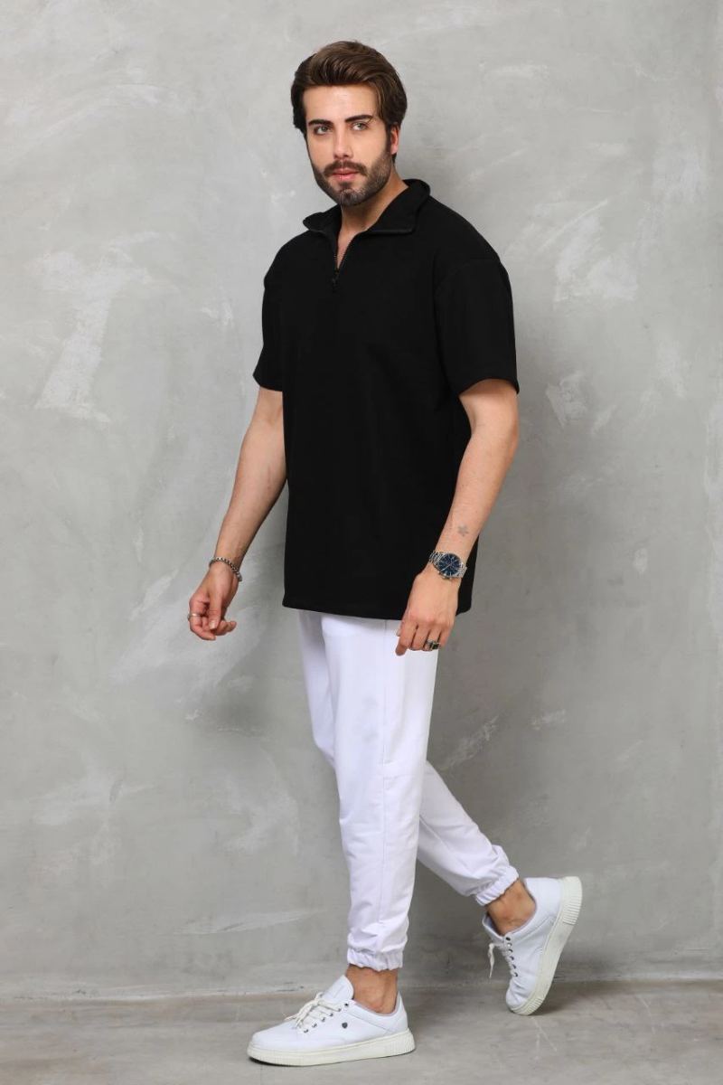 Erkek Yarım Fermuarlı Düz Oversize T-shirt - Siyah