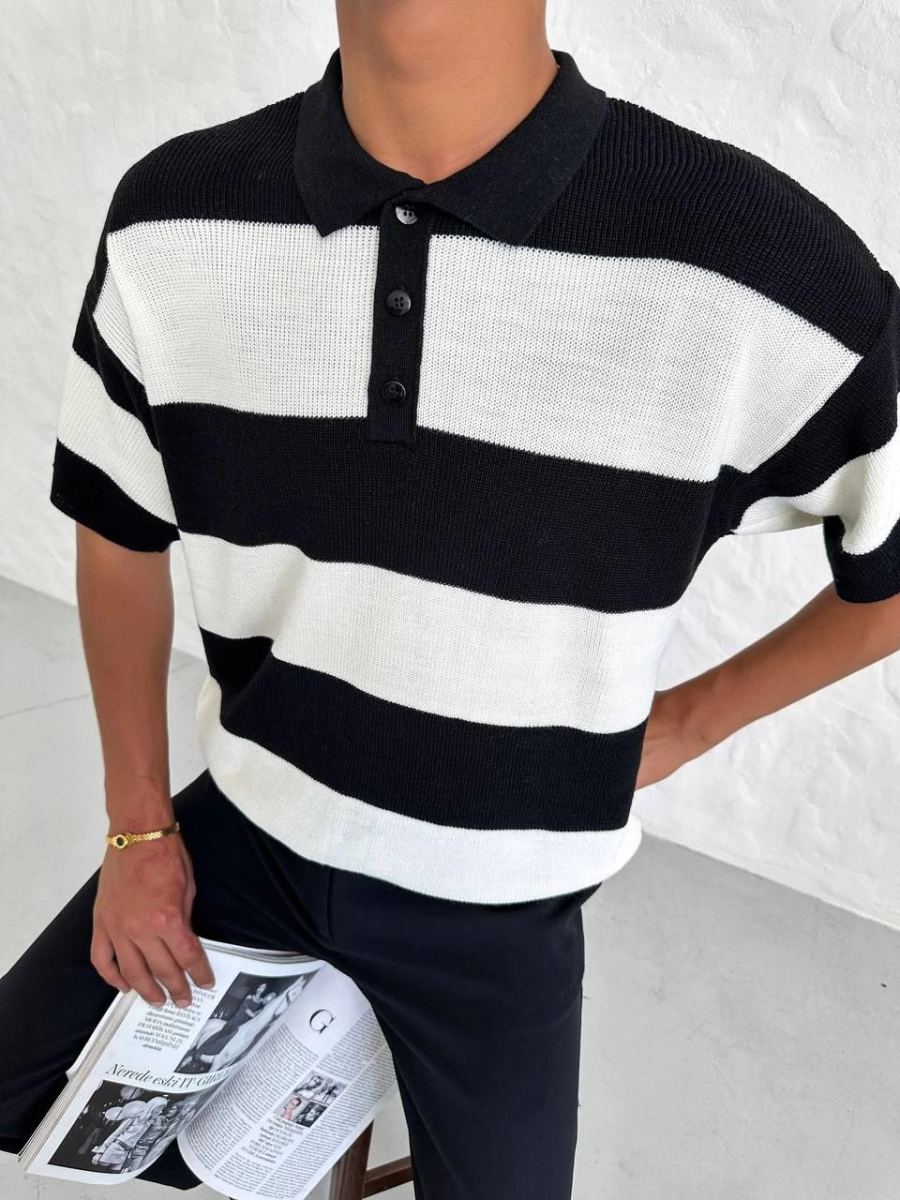 Erkek Polo Yaka Düğmeli Triko T-Shirt - Siyah