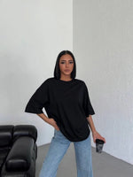 Kadın Düz T-Shirt Kısa Kol Bisiklet Yaka Oversize Tişört - Siyah