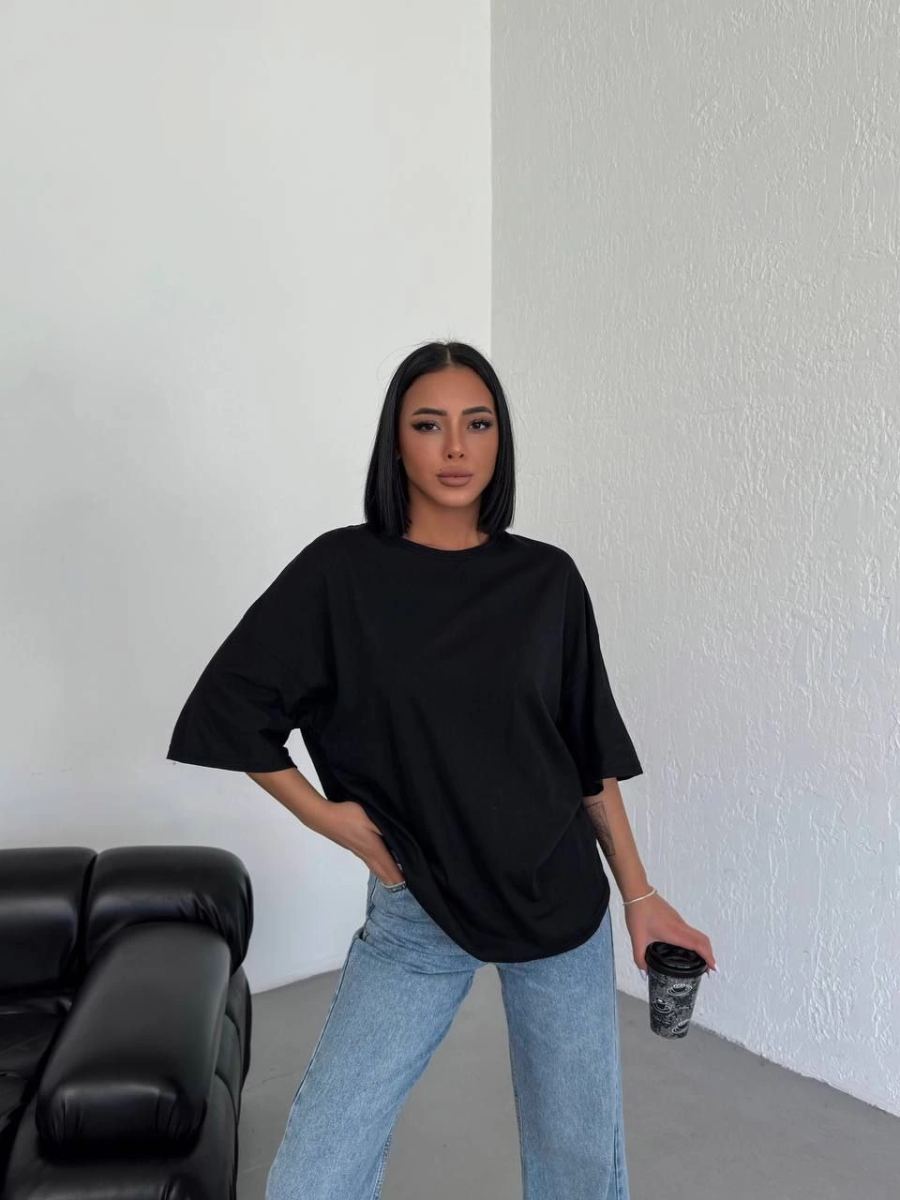 Kadın Düz T-Shirt Kısa Kol Bisiklet Yaka Oversize Tişört - Siyah
